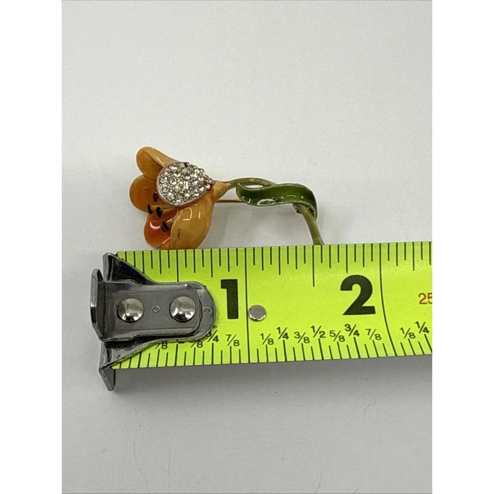 Vintage Kramer Pave Rhinestone Orange Green Enamel Flower Gold Tone Pin Brooch